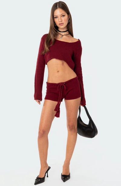 Shop Edikted Staycation Low Rise Knit Shorts In Burgundy