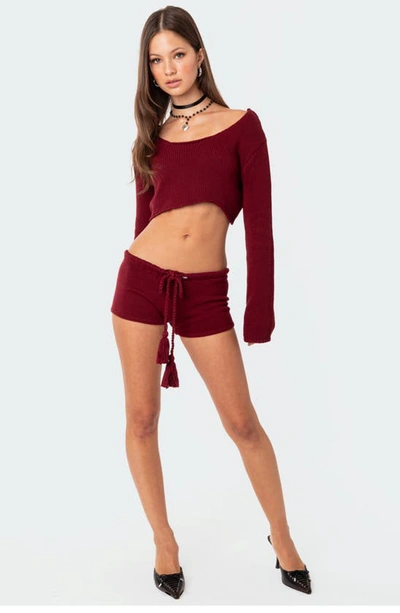 Shop Edikted Staycation Low Rise Knit Shorts In Burgundy