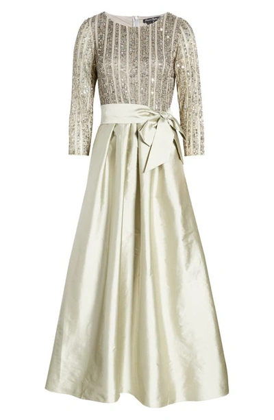 Shop Pisarro Nights Bow Long Sleeve Sequin & Taffeta Gown In Silver