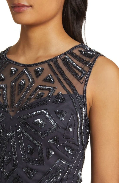 Shop Pisarro Nights Geometric Beaded Sleeveless Gown In Slate