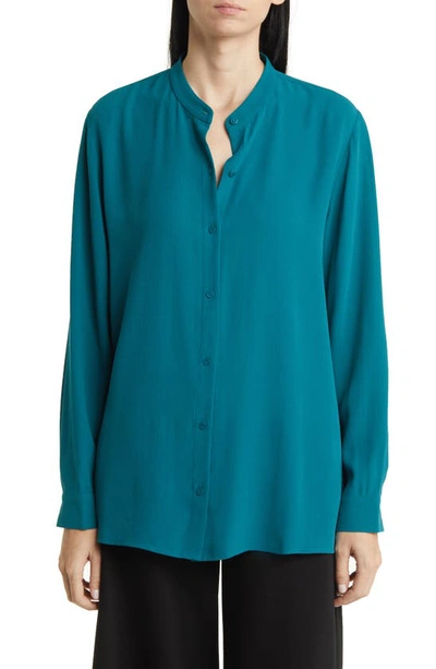 Shop Eileen Fisher Mandarin Collar Silk Button-up Shirt In Peacock