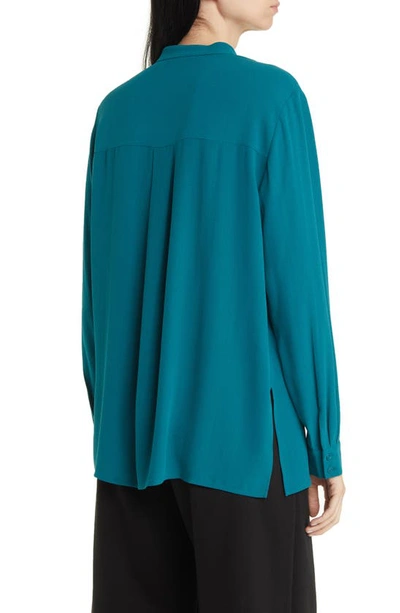 Shop Eileen Fisher Mandarin Collar Silk Button-up Shirt In Peacock