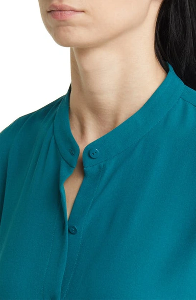 Shop Eileen Fisher Mandarin Collar Silk Button-up Shirt In Peacock