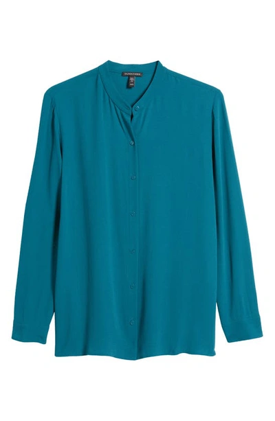 Shop Eileen Fisher Mandarin Collar Silk Button-up Shirt In Peacock