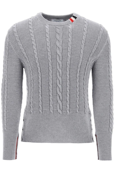 Shop Thom Browne Cable Wool Sweater With Rwb Detail In Grey
