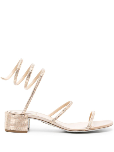 Shop René Caovilla Neutral Cleo 40mm Crystal-embellished Sandals In Neutrals