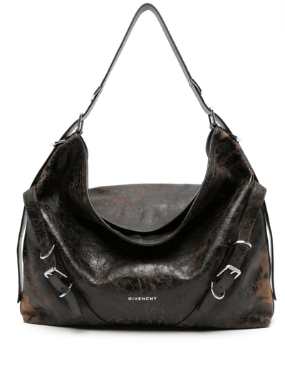 Shop Givenchy Black Xl Voyou Leather Shoulder Bag In 036 - Black/brown Mud
