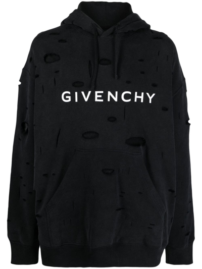 Shop Givenchy Logo-print Ripped Hoodie - Men's - Cotton In Black