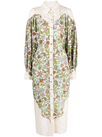 Shop Alemais Neutral Isabella Floral-print Linen Dress In Grün