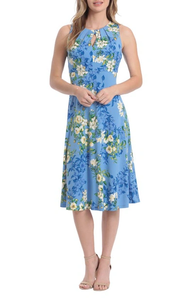 Shop London Times Floral Pleated Neck Midi Dress In Blue