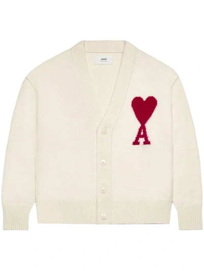 Shop Ami Alexandre Mattiussi Ami De Coeur Wool Cardigan In Off-white/red