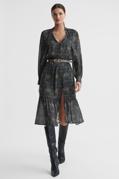 Shop Paige Silk Printed Tie Neck Midi Dress In Grey/charcoal