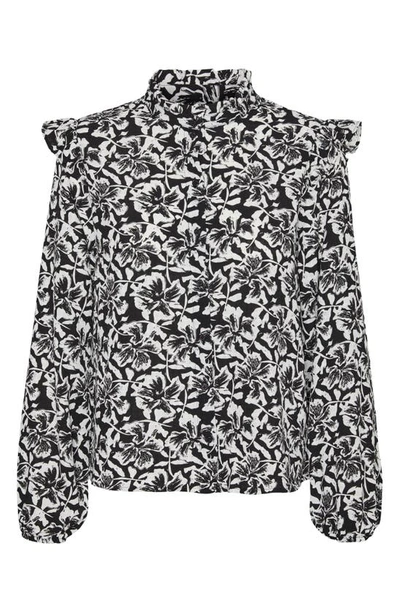 Shop Vero Moda Sophia Floral Print Ruffle Shirt In Black Aop White Flor