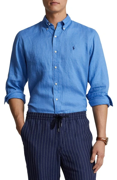 Shop Polo Ralph Lauren Piece Dyed Linen Button-down Shirt In Summer Blue