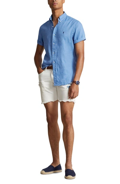 Shop Polo Ralph Lauren Embroidered Polo Rider Linen Button-down Shirt In Summer Blue
