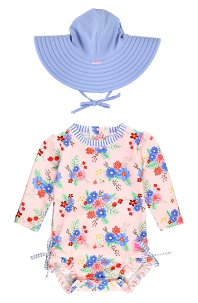 Rufflebutts Kids' One-piece Rashguard Swimsuit & Hat Set In Coastal Breeze Floral