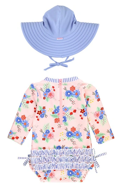 Rufflebutts Kids' One-piece Rashguard Swimsuit & Hat Set In Coastal Breeze Floral