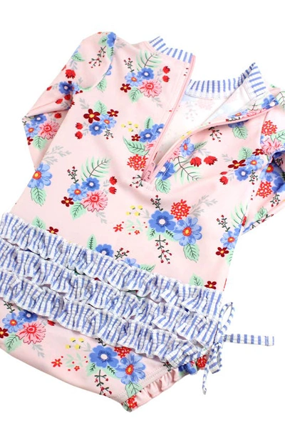 Rufflebutts Kids' One-piece Rashguard Swimsuit & Hat Set In Coastal Breeze Floral