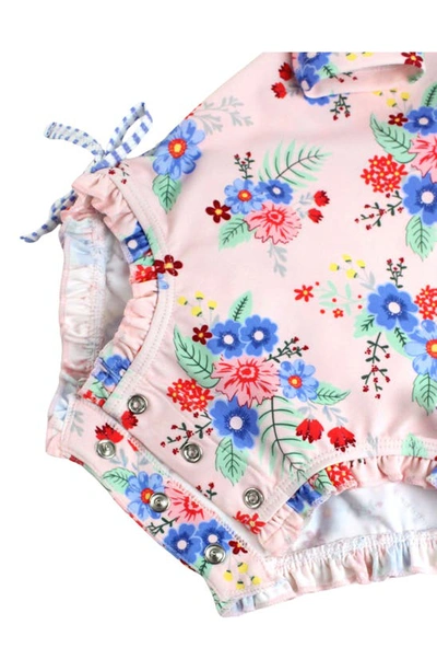 Shop Rufflebutts Kids' One-piece Rashguard Swimsuit & Hat Set In Coastal Breeze Floral