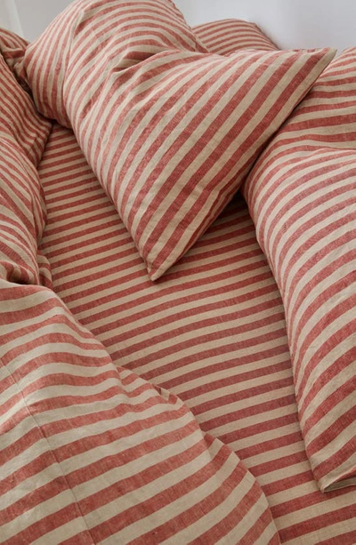 Shop Piglet In Bed Pembroke Stripe Linen Flat Sheet In Sandstone Red Pembroke Stripe