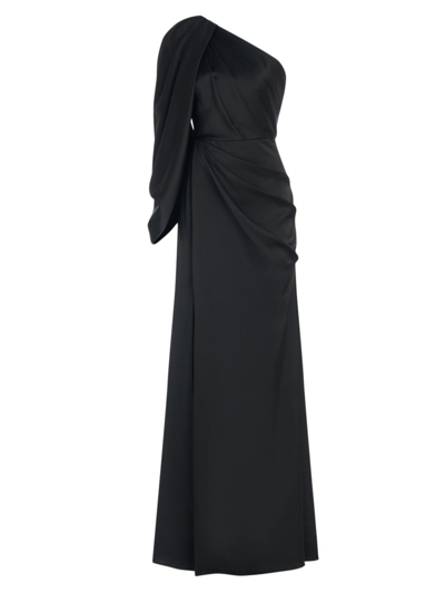 Shop Theia Women's Tori Satin Draped One-shoulder Gown In Black