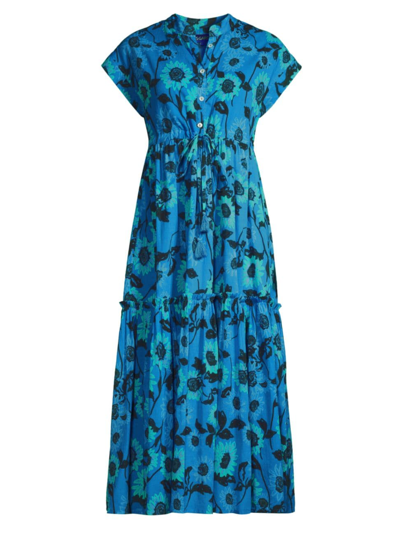 Shop Ro's Garden Women's Mumi Floral Cotton Midi-dress In Blue Ortensia