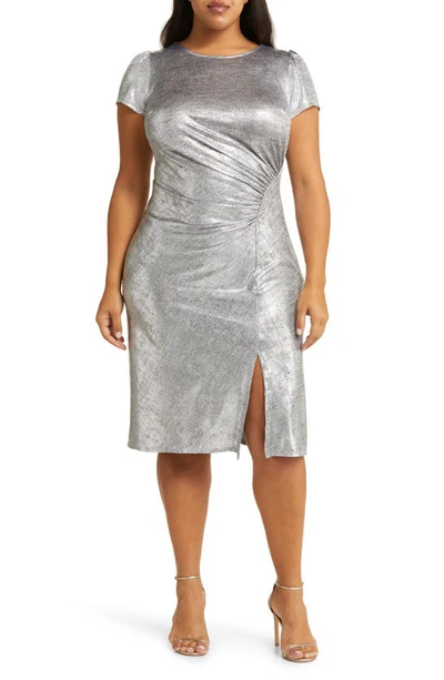 Shop Vince Camuto Metallic Ruched Puff Sleeve Dress In Alloy