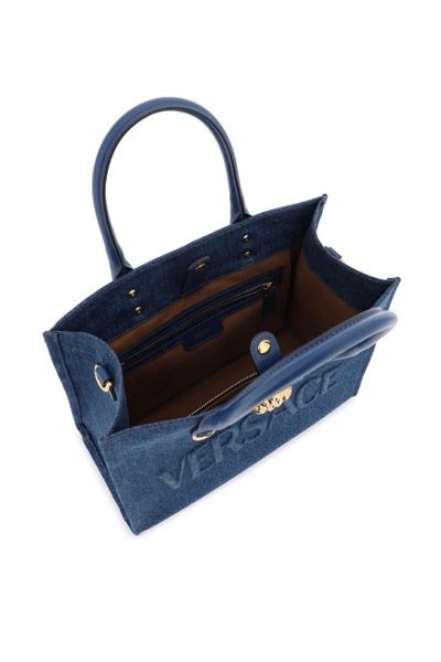 Shop Versace Small Denim La Medusa Tote Bag In Blue