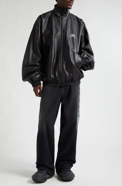 Shop Balenciaga 3b Logo Oversize Leather Track Jacket In Black