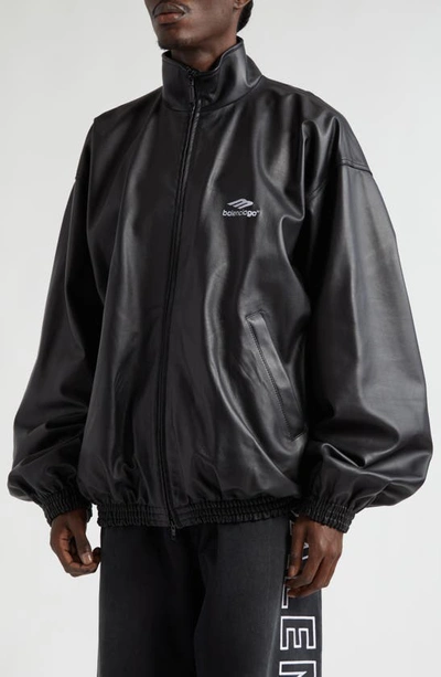 Shop Balenciaga 3b Logo Oversize Leather Track Jacket In Black