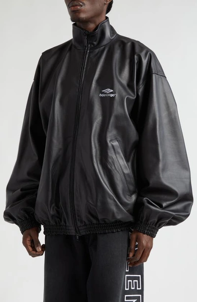 Balenciaga 3b Logo Oversize Leather Track Jacket In Black