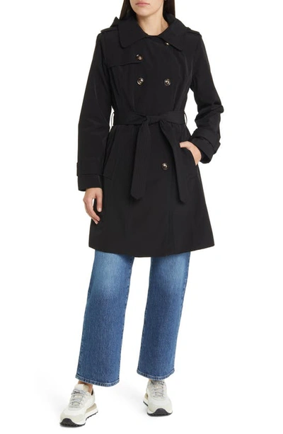 London Fog Women's Single-breasted Hooded Trench Coat In Black