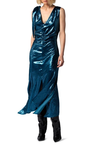 Shop Equipment Zoe Asymmetric Sleeveless Lamé Dress In Deep Lagoon