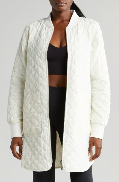 Shop Zella Longline Water Resistant Quilted Bomber Jacket In Ivory Egret