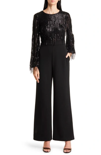 Shop Eliza J Sequin Fringe Long Sleeve Jumpsuit In Black