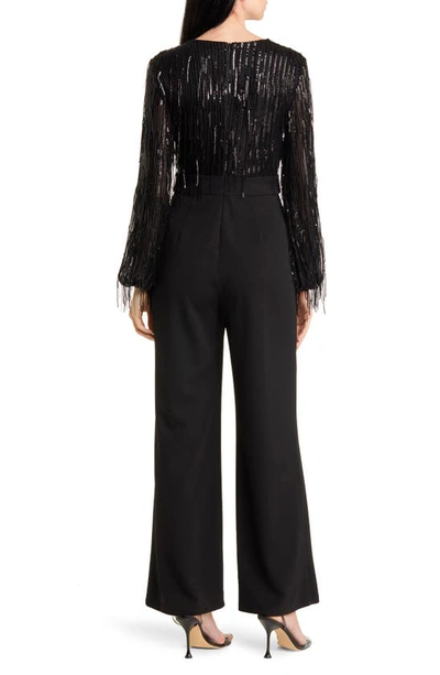 Eliza J Sequin Fringe Long Sleeve Jumpsuit In Black