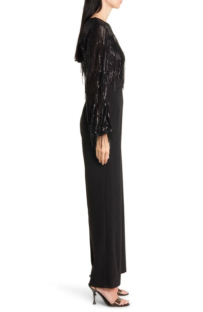 Shop Eliza J Sequin Fringe Long Sleeve Jumpsuit In Black