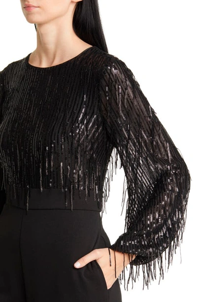 Shop Eliza J Sequin Fringe Long Sleeve Jumpsuit In Black