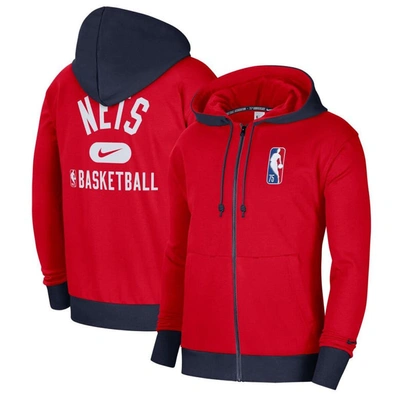 Shop Nike Red/navy Brooklyn Nets 2021/22 City Edition Courtside Heavyweight Fleece Full-zip Hoodie