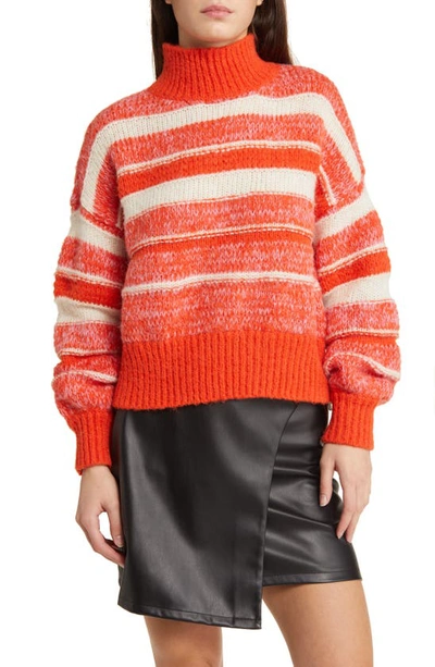 Shop Vero Moda Kamma Variegated Stripe Mock Neck Sweater In Tangerine Tango Deta