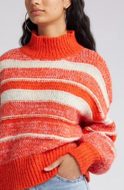 Shop Vero Moda Kamma Variegated Stripe Mock Neck Sweater In Tangerine Tango Deta