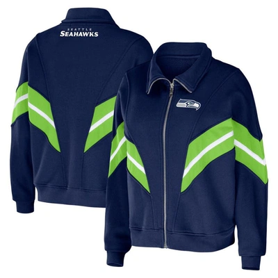 Shop Wear By Erin Andrews College Navy Seattle Seahawks Plus Size Yarn Dye Stripe Full-zip Jacket