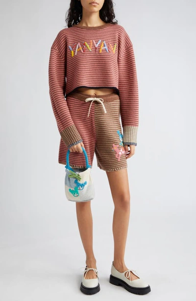Shop Yanyan Embroidered Colorblock Stripe Wool Sweater Shorts In Hazelnut/ Rose