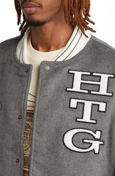 Shop Honor The Gift Letterman Faux Shearling Sleeve Varsity Bomber Jacket In Grey