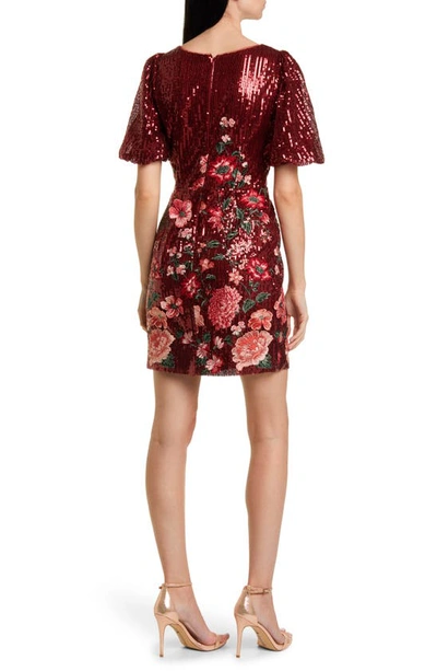 Shop Marchesa Notte Artwork Sequin Minidress In Burgundy Multi