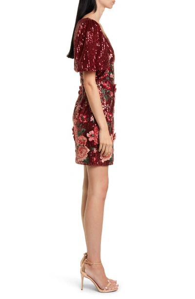 Shop Marchesa Notte Artwork Sequin Minidress In Burgundy Multi