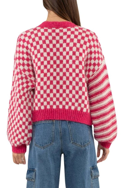 Shop Blu Pepper Stripe Check Balloon Sleeve Cardigan In Hot Pink