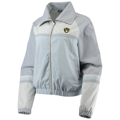 The Wild Collective Navy Milwaukee Brewers Colorblock Track Raglan Full-zip Jacket In Light Blue