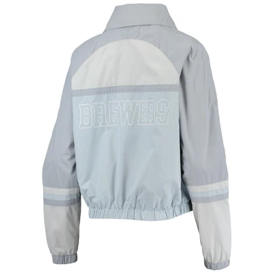 The Wild Collective Navy Milwaukee Brewers Colorblock Track Raglan Full-zip Jacket In Light Blue