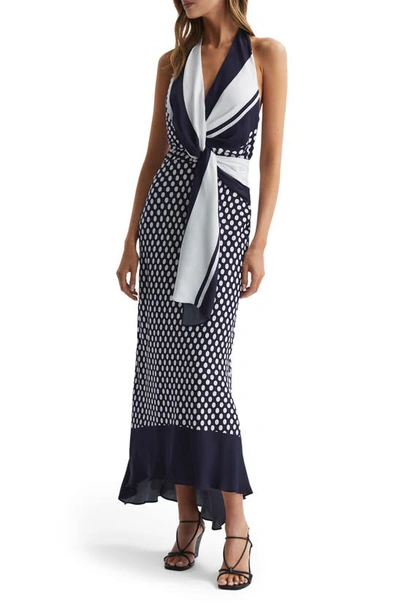 Reiss Amelia Twist Front Halter Dress In Navy/ White